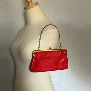Vintage Genuine Leather Red Kiss Lock Clutch Bag